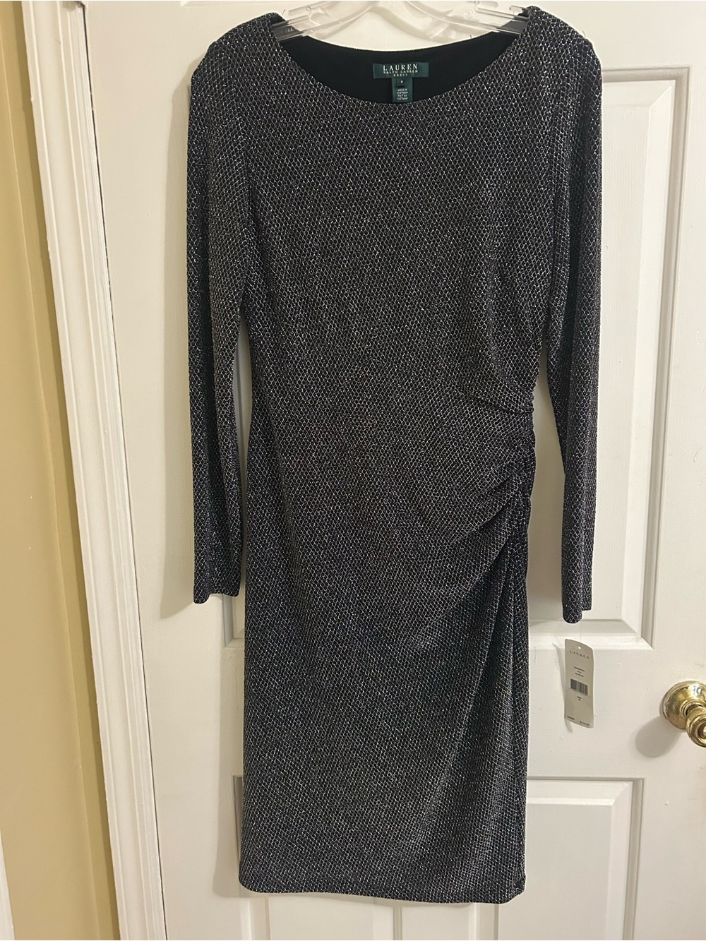 Lauren Ralph Lauren Black Metallic Long-Sleeve Ruched Sheath Dress